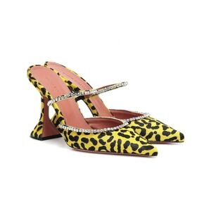 Azalea Wang Mules Women 7 Yellow Leopard Salem Rhinestone Flared Heel Pumps